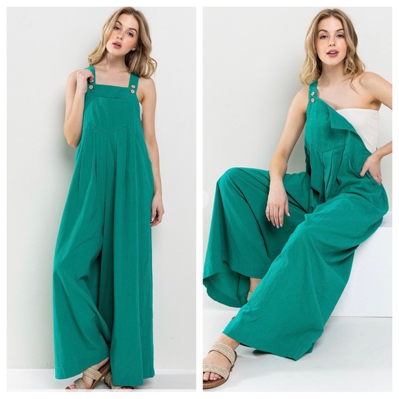 05 Solid Linen Blend Three Buttons Adjustable Strap Jumpsuit - Picture 3 of 5